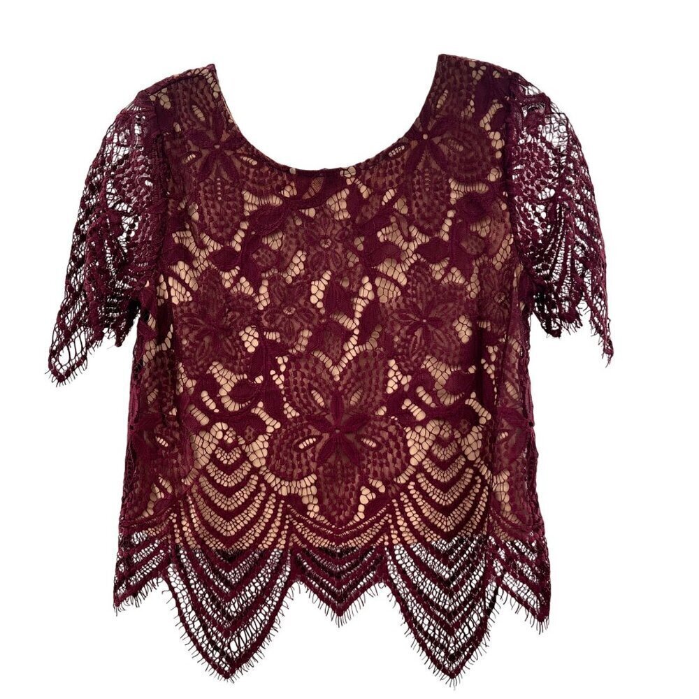 Express Women's Lace Overlay Short Sleeve Scalloped Hem Top Wine/Nude XS New